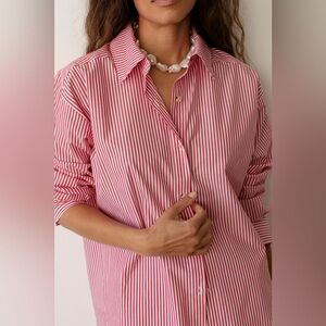 Donni Pop Button Down in Tomato Stripe, XS